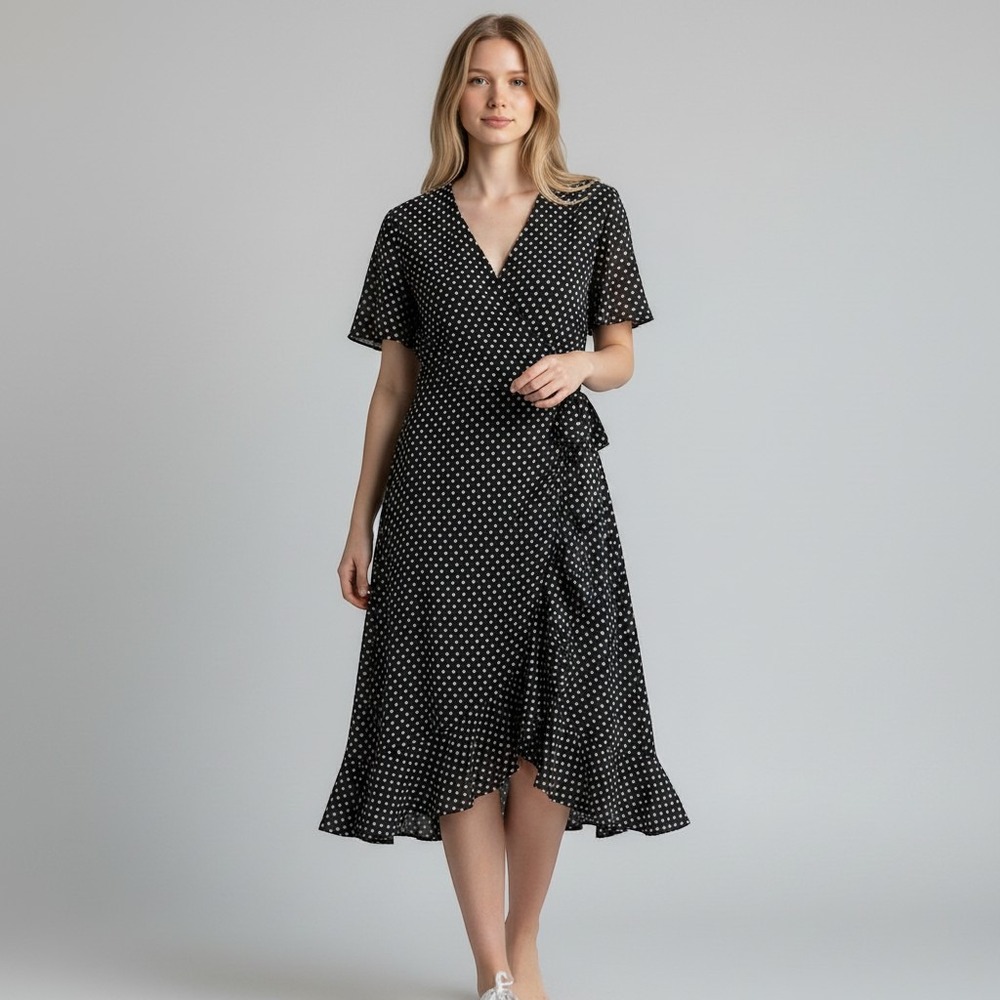 Tahari Arthur S. Levine Polka‎ Dot Ruffle Faux Wrap Dress Women 10 Black White